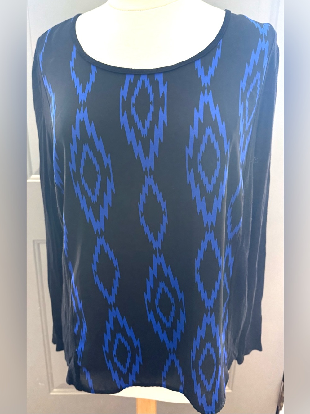 Black Long Sleeve Top with Blue Geometric Print by Allison Taylor